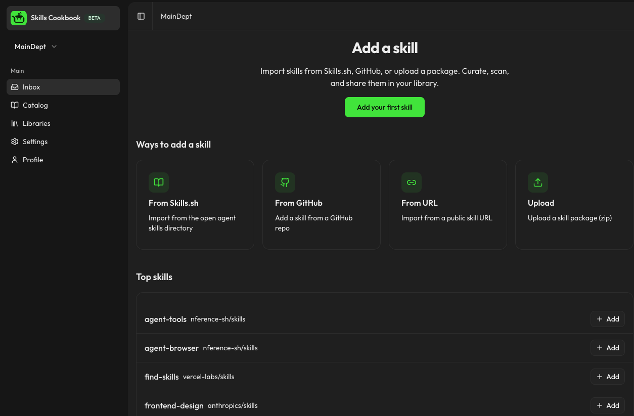 Skills Cookbook — Add and configure a new skill